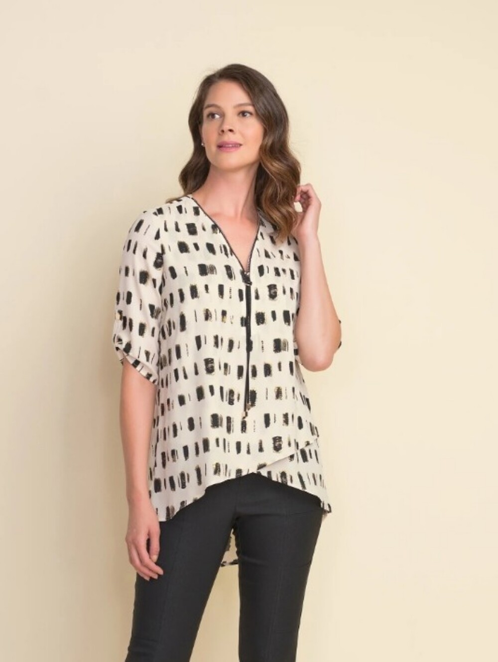 Joseph Ribkoff Flowy Top Zip Neckline Gold Accents 8